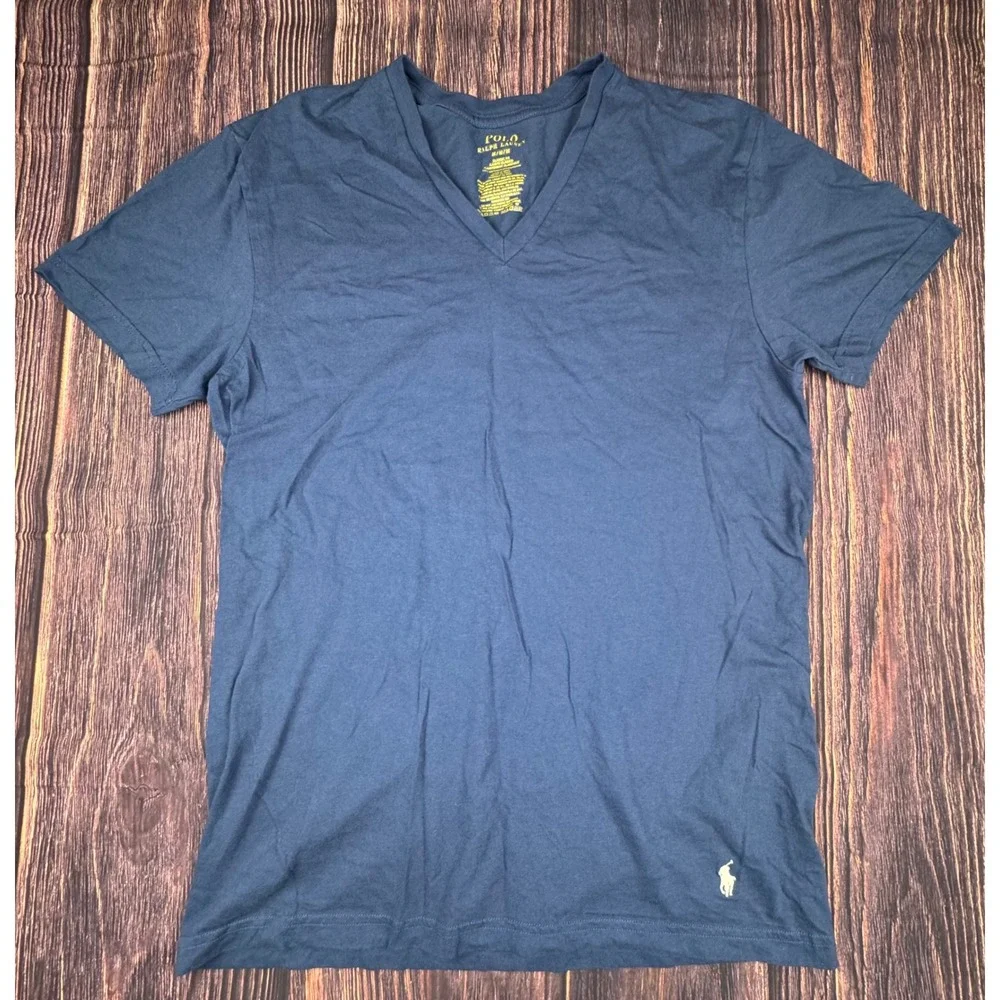 Polo Ralph Lauren T-Shirt Med Blue Cotton Preppy V-Neck Classic Fit Short Sleeve